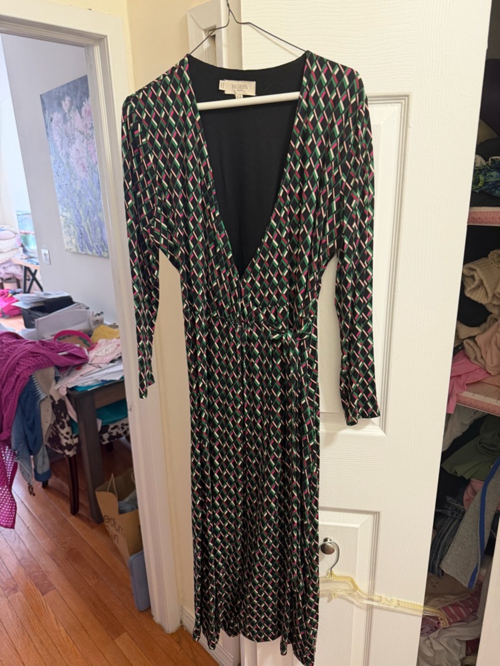 Geometric Print Long-Sleeve Wrap Dress in Black with Pink & Green